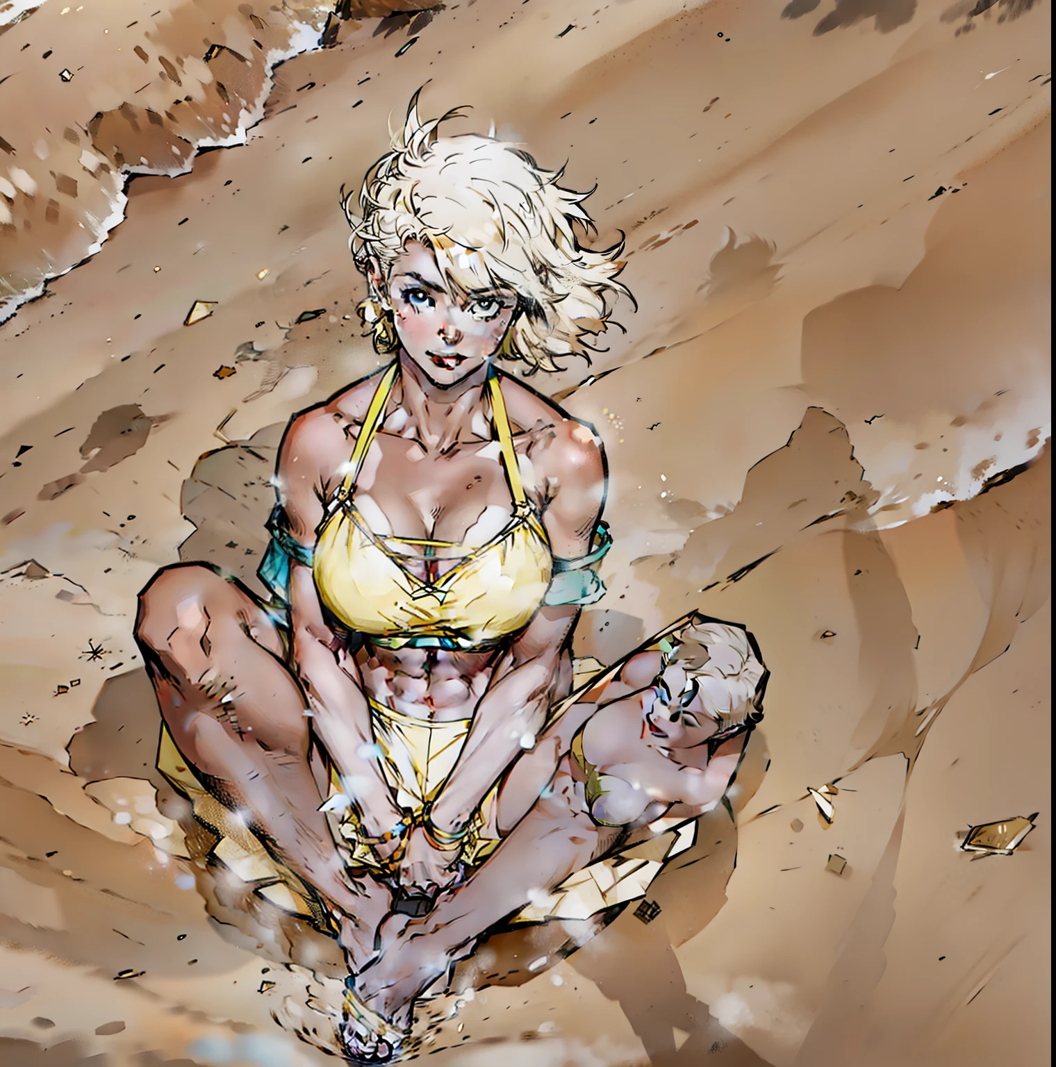 MASTERPICE , HIGH DETAIL , CLEAR FACE , REALISTIC SHADOWS , tanned skin,BLOND WOMAN HALF SHAVED HAIRCUT AT THE BEACH AT MAYAMI , WITH BIG , SITTING ON SAND , WEARING A BIKINI AND HOT PANTS