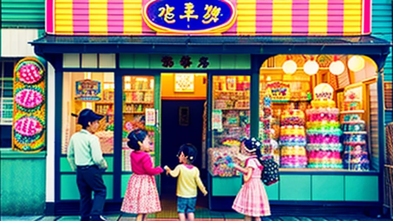 Candy shop、Sunset on 3rd Street、Children playing with a spinning top、Parents and children playing with kites、Children playing with menko、Children shopping at a candy store、Old Japanese tiled house、Scene of children playing、A crowd of children playing in front of a candy store、Children's smiling faces、Children's smiling faces、Children's smiling faces、Grandma poster girl of a candy store、Candy Shop Mask、Showa era masks、Hyotko mask、