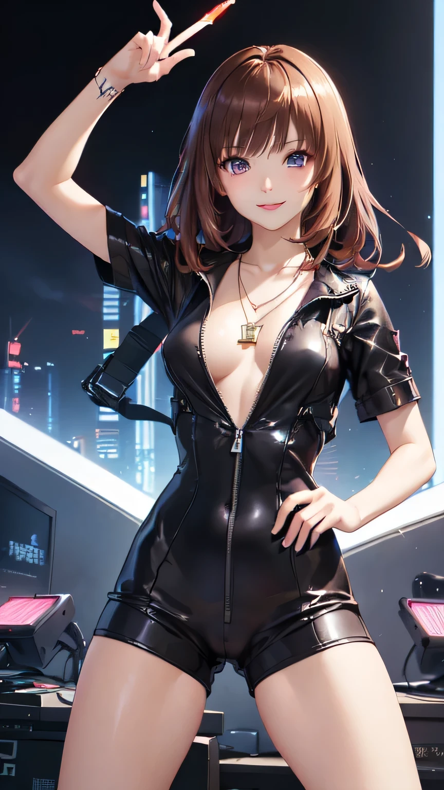 ((Final Fantasy (Yuna), (young girl, , full body, naked body, dark hair, light skin, scarlet lips, smile; black, expressive playful eyes, long eyelashes)). ((Anime girl with brown hair hair and white short fire dress with necklace, beautiful character painting, soft anime computer graphics, realistic anime art, beautiful anime woman, Cyberpunk, futurism, tight jumpsuit, anime girl rendering, very sexy, 75 % nsfw, 60% nude, open legs))