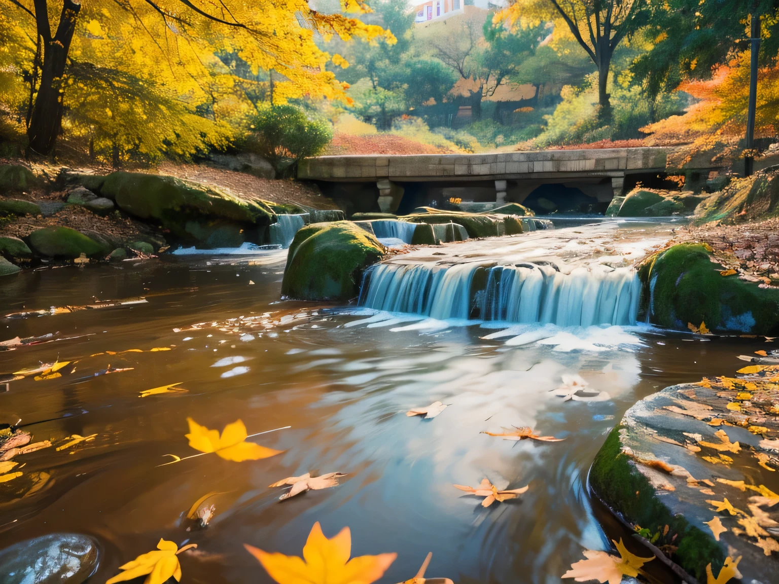 Fallen leaves float on the water,float,autumn,best quality,masterpiece,(Soft colors:1.2)