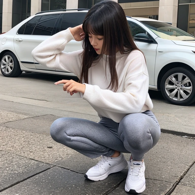 woman　　Stretch pants　　squat　　Pussy line