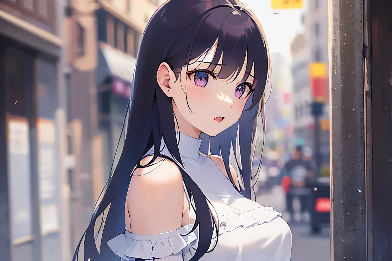 big breasts, (looking away:1.5), side angle, surprised, open mouth, Upper Body, Realistic, real person, (pale skin: 1.2), shiny skin, shiny hair、(A 30-year-old woman with straight hair and bangs) and (medium hair) and (black hair) and (purple eyes) , (white:1.5) and (Off-the-shoulder blouse) and (long sleeve)、Are standing、The background is outside、Alone、