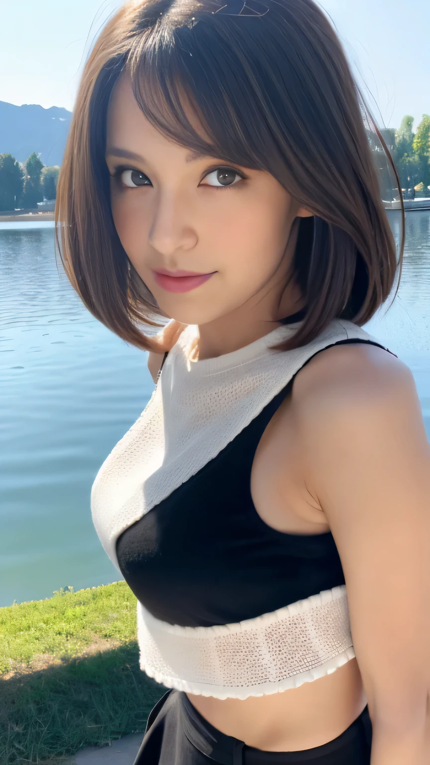 (((Masterpiece、highest quality)))、8k、One Woman、Standing facing the camera、Detailed face、Brunette Hair、Bobcut、sunshine、Pretty Woman、Adorable eyes、Detailed eyes、Big Breasts、White sleeveless blouse、Black leather tight skirt、Black fishnet stockings、Red High Heels、Standing by the lake、The whole body is shown、Glowing Skin