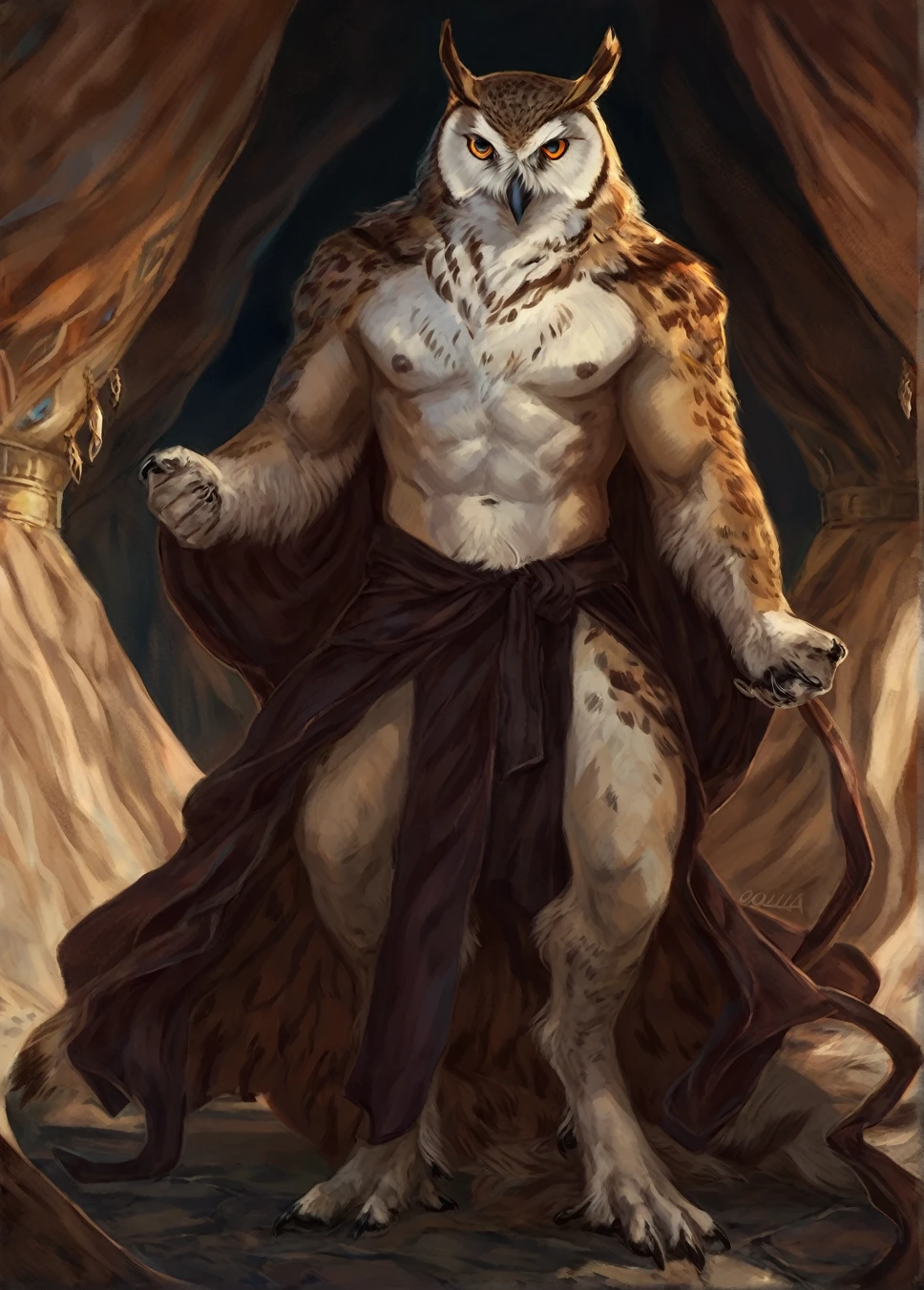 Owl, comic book style, illustration, solo, abs, ferocious, male, [[badass pose]], nipples, masterpiece, best art, full body, by oouna, robes, detailed eyes, detailed body, claws, detailed tail, masculine body shape, fantasy, tall, topless, muscular