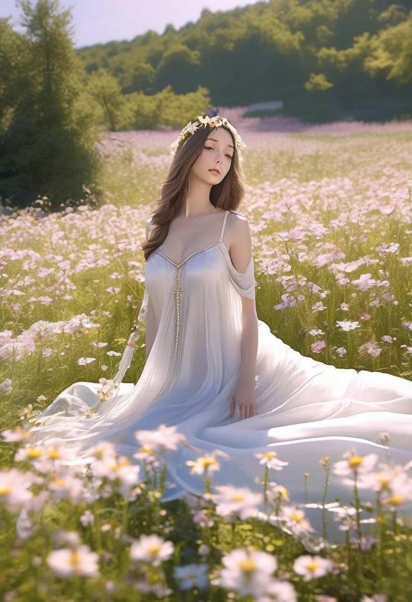 The prompt for generating a high-quality image of a goddess floating over the ground, dressed in sheer delicate silks, emitting a gentle divine radiance, and relaxing in a field of flowers is as follows: "(best quality,4k,8k,highres,masterpiece:1.2),ultra-detailed,(realistic,photorealistic,photo-realistic:1.37),portrait,landscape,horror,anime,sci-fi,photography,concept artists,floating goddess,divine radiance,gentle light,field of flowers,relaxing,delicate silks,ethereal atmosphere,vivid colors,soft focus,peaceful,serene,magical,subtle movement,harmonious composition,graceful,fragile,quiet beauty,dreamlike,effortless elegance,nature-inspired,whimsical,tranquil setting"
