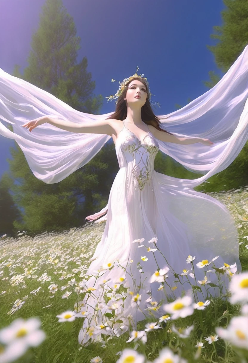 The prompt for generating a high-quality image of a goddess floating over the ground, dressed in sheer delicate silks, emitting a gentle divine radiance, and relaxing in a field of flowers is as follows: "(best quality,4k,8k,highres,masterpiece:1.2),ultra-detailed,(realistic,photorealistic,photo-realistic:1.37),portrait,landscape,horror,anime,sci-fi,photography,concept artists,floating goddess,divine radiance,gentle light,field of flowers,relaxing,delicate silks,ethereal atmosphere,vivid colors,soft focus,peaceful,serene,magical,subtle movement,harmonious composition,graceful,fragile,quiet beauty,dreamlike,effortless elegance,nature-inspired,whimsical,tranquil setting"