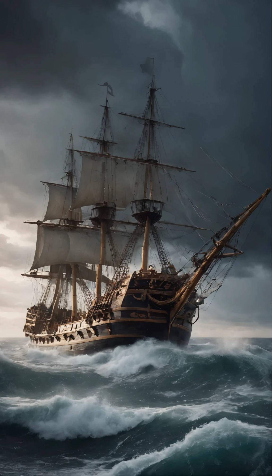 there is a Ship that is floating in the ocean at night, a Ship lost in a storm, gothic Ship on ocean, Ship at sea, dramatic nautical scene, Storm at sea, in rough seas with big waves, Shipwreck, old pirate Ship, on a pirate Ship background, The Flying Dutchman, Apocalyptic stormy seas, Stormy seas, Night sea storm, Ship