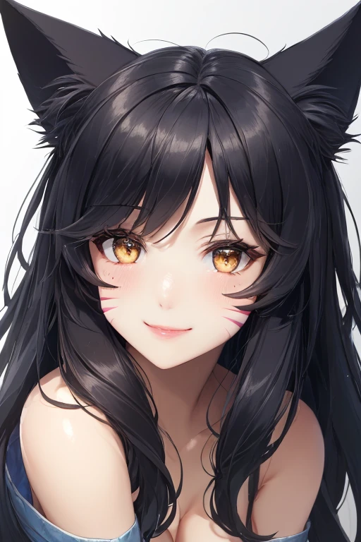 ah1, facial mark, bare shoulders, cleavage, black hair, golden eyes, fox ears, smile with teeth, red marks on face, close-up