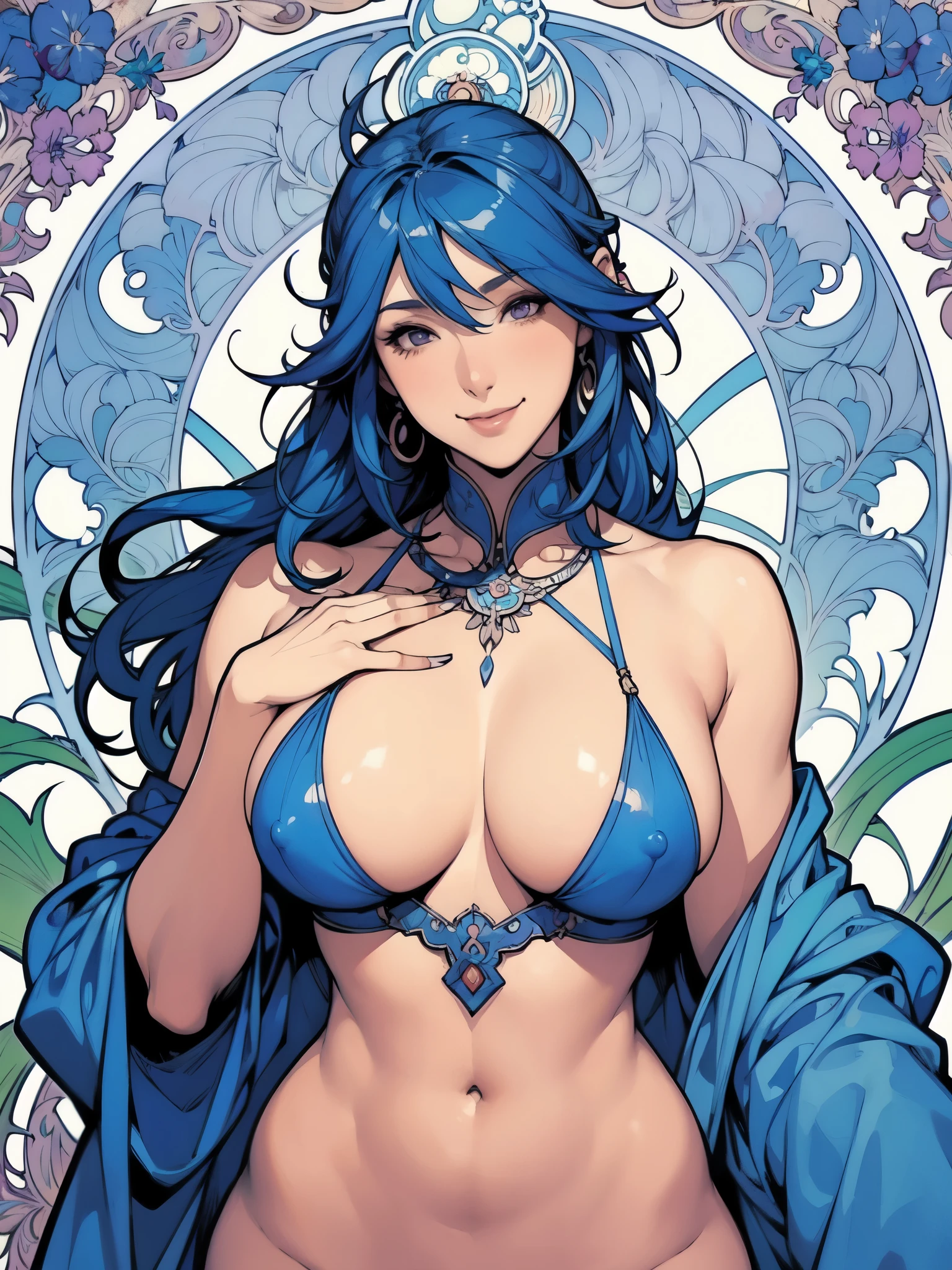 ((Mucha's style)),(vulgar),Big-breasted  Woman Warrior,head shot,vulgar smile,blue haired,Stylish hairstylel,muscular woman,nipple ring