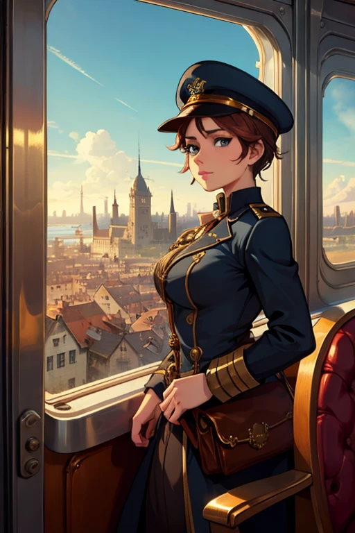 titanic reimagined as a 26 year old steampunk capitaine girl in aborde a train overlooking a steampunk town