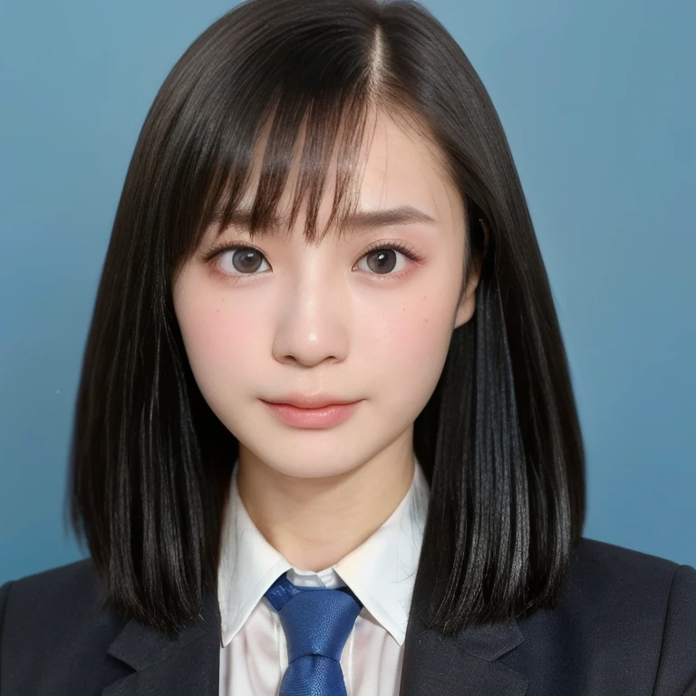 (kawaii 24 year-old Japanese girl, Nogizaka idol, Korean idol), (glossy black hair, short bob, pixie cut, hair length must be even and symmetric:1.3), (pure black eyes, rounded face, single eyelid, no makeup, serious expression:1.2), (wearing suit jacket, collared shirt, necktie:1.3), (extra small breasts:0.9), (looking at viewer:1.2), BREAK, (simple blue background, yearbook background:1.3), (portrait, id photo, bust shot, view from vertically straight forward:1.3), (upper margin:1.2), BREAK, (masterpiece, best quality, photo realistic, official art:1.4), (UHD, 8K quality wallpaper, high resolution, raw photo, golden ratio:1.3), (shiny skin), professional lighting, physically based rendering, award winning, (highly detailed skin, extremely detailed face and eyes), Carl Zeiss 85 mm F/1.4, depth of field, 1girl, solo,