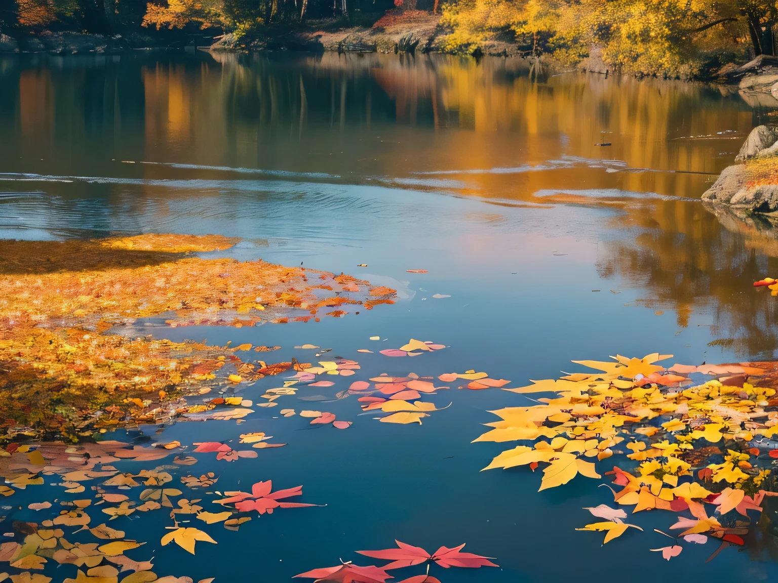Fallen leaves float on the water，float，Calm waters，autumn，best quality，masterpiece，（Soft colors：1.2）