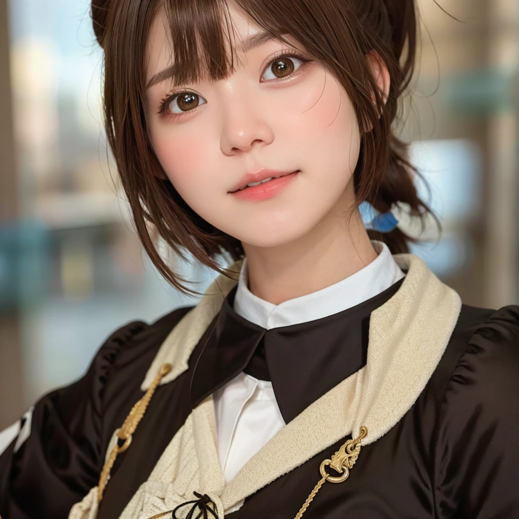 brown hair, hair over shoulder, ponytail, grin, blush, Surrealism, Hyperrealism, Verism, wide shot, UHD, masterpiece, ccurate, anatomically correct, textured skin, super detail, high details, high quality, highres, 1080P, HD, 8k