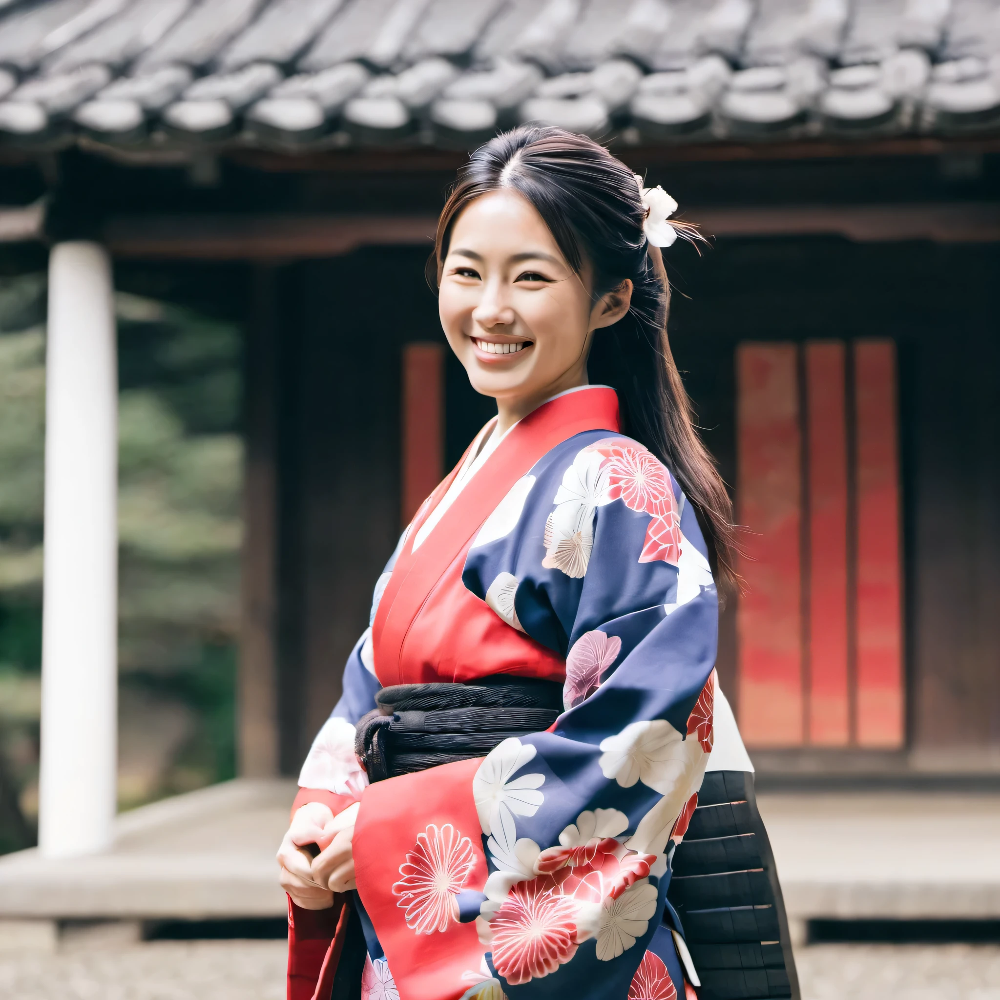 Japanese woman in traditional Japanese clothes smiles sweetly while holding a samurai because he is a ninja at the temple