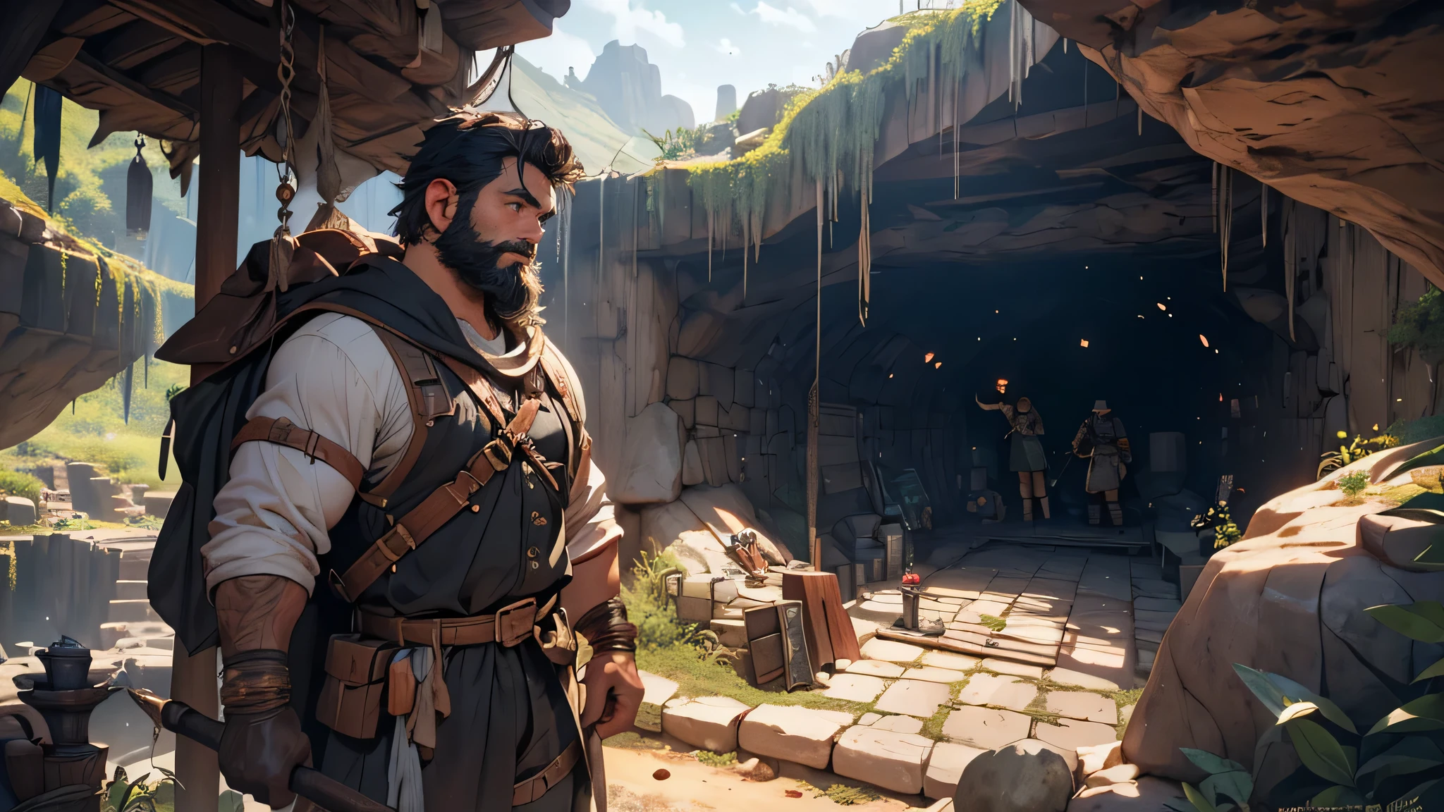 ltra-detailed,(realistic,photorealistic,photo-realistic:1.37),detailed black hair, detailed beard, detailed dwarf, short black hair, beard, alone, well-built, fantasy, alone mining, mining cave, cave, iron ore, swinging, illustration, in the position of swinging the pickaxe, cave in underground, view from afar