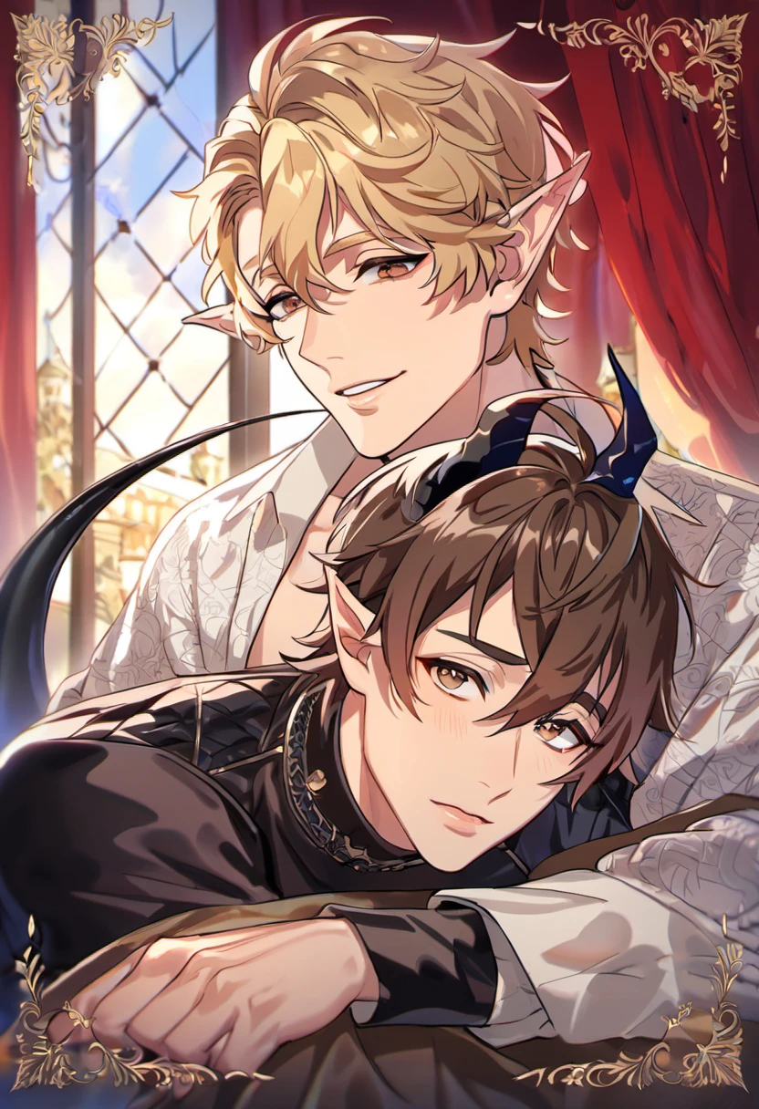 absurdres, highres, ultra detailed, HDR, master piece, best quality, perfect face, beautiful eyes, delicate features, Quincy, blond messy hair, expressive amber eyes, Nu Carnival, Eiden, brown hair, expressive brown eyes, two men together, gay couple, handsome, fantasy demon black leather clothes, patterns, black horns, pointy ears, devil tail, red curtains, luxurious castle room, window, moon, chandelier