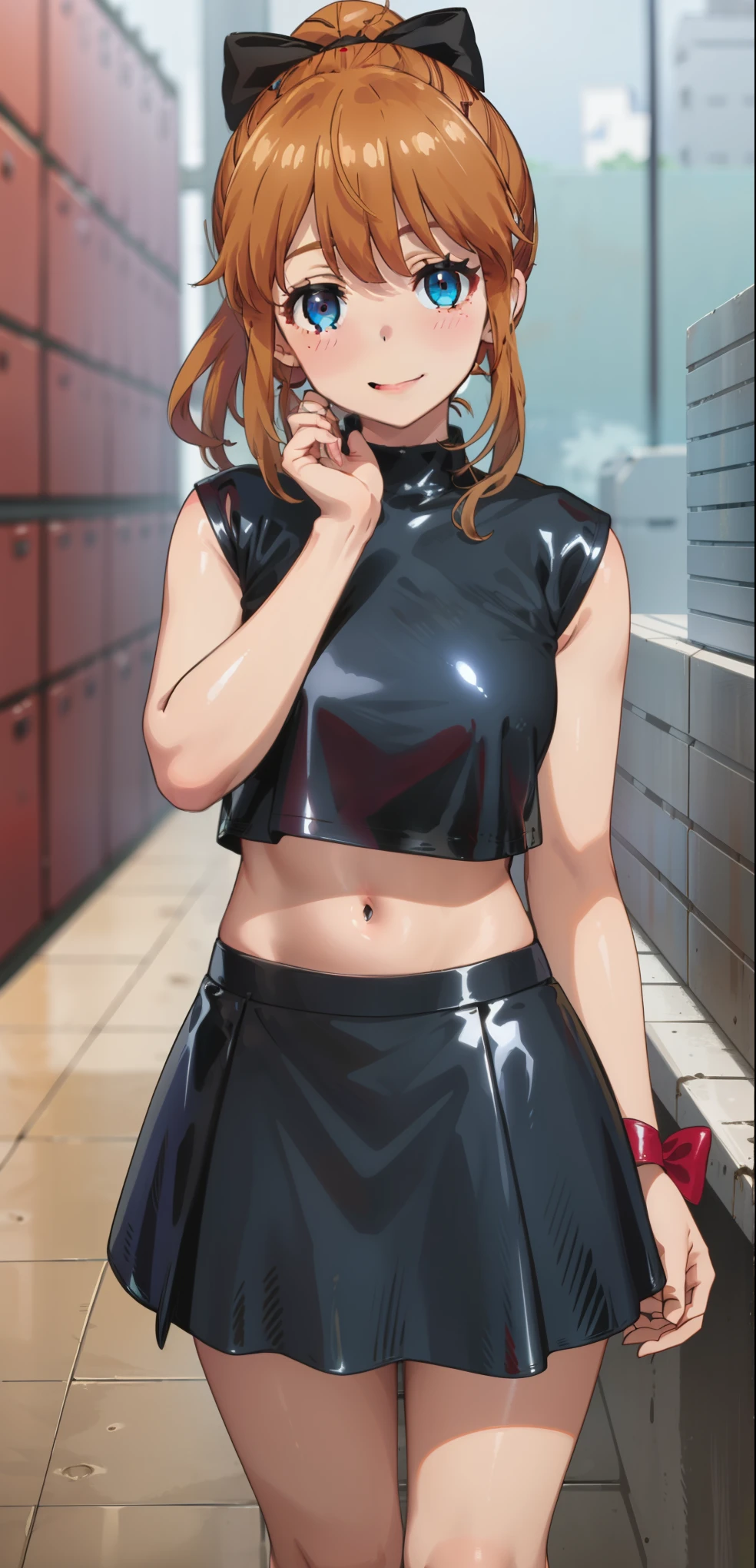 best quality, (masterpiece:1.2), highly detailed, standing, street,
1girl, solo, akatsuki minami,
looking at the viewer, closed mouth, smile, slight blush,
blue eyes, brown hair, ponytail, hair bow, sleeveless, (((dominant girl, latex skirt,cropped latex shirt ))), navel 