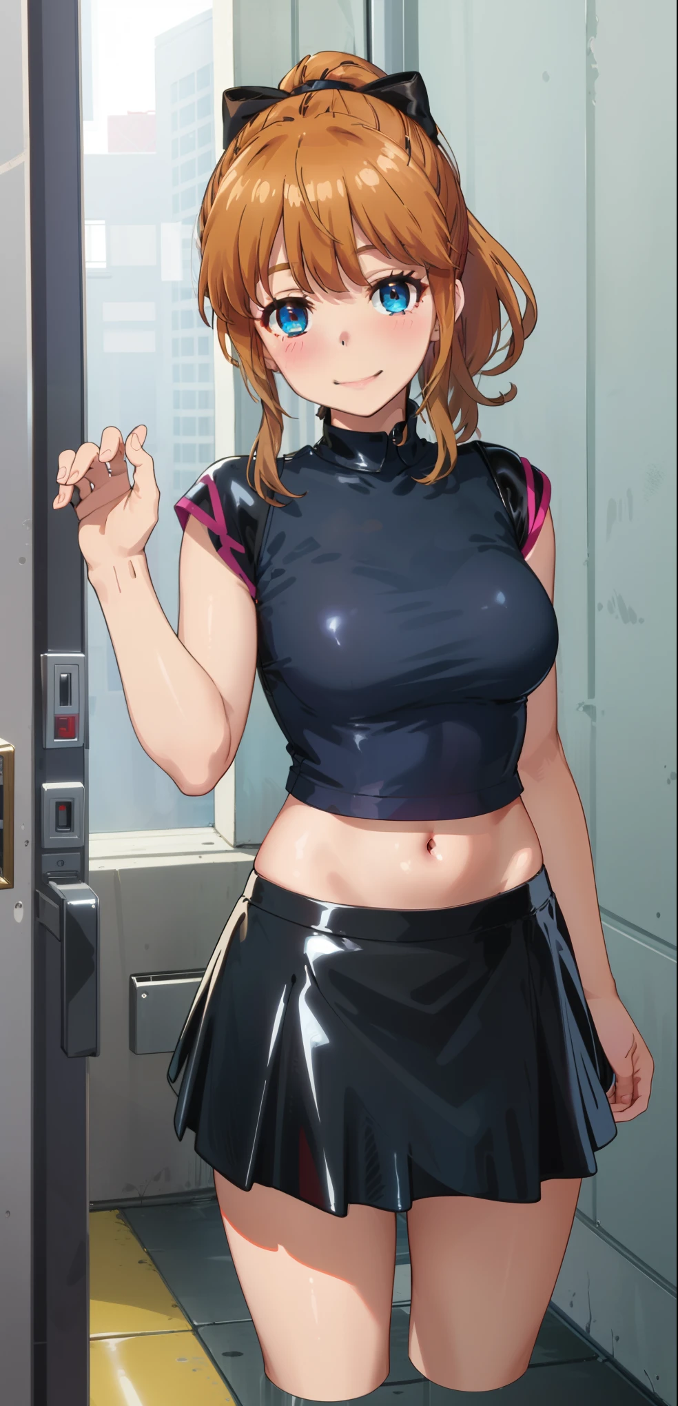 best quality, (masterpiece:1.2), highly detailed, standing, street,
1girl, solo, akatsuki minami,
looking at the viewer, closed mouth, smile, slight blush,
blue eyes, brown hair, ponytail, hair bow, sleeveless, (((dominant girl, latex skirt,cropped latex shirt ))), navel 