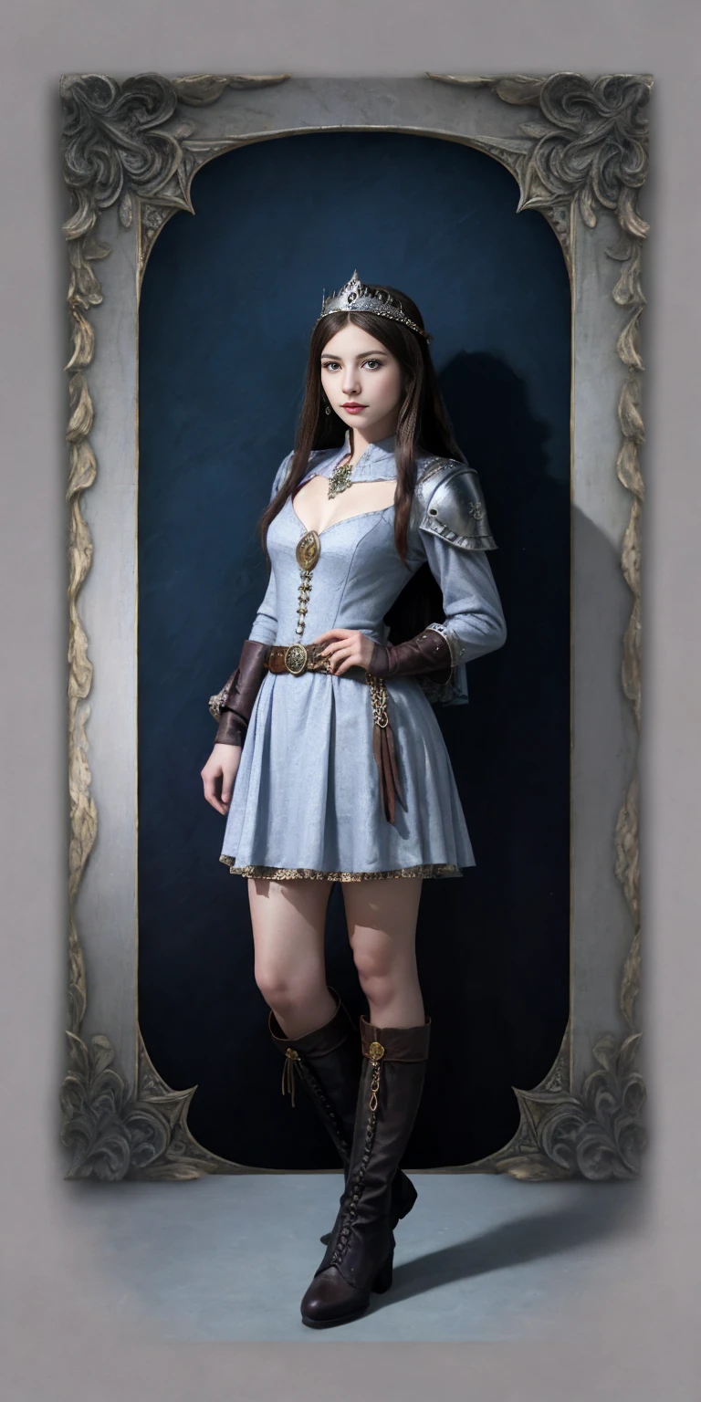 full body of a woman in a dress with a veil, feet together, standing feet together, militar boots, beautiful fantasy maiden slave warrior, beautiful fantasy art portrait, fantasy victorian art, medieval fantasy art, beautiful and elegant queen Roxxane, portrait of queen of light, fantasy portrait art, gothic fantasy art, a beautiful fantasy empress, ((white background)) hands on hips
