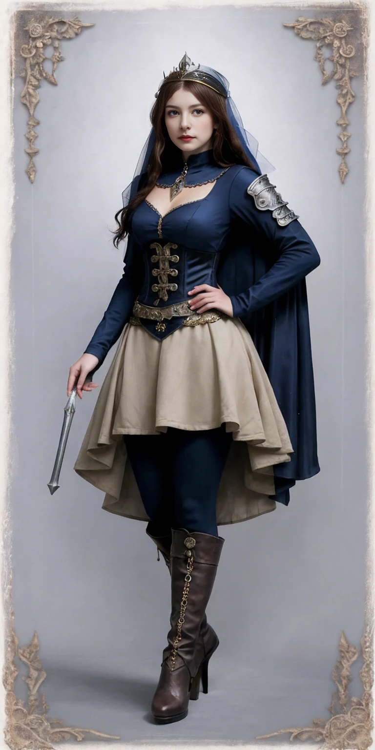 full body of a woman in a dress with a veil, feet together, standing feet together, militar boots, beautiful fantasy maiden slave warrior, beautiful fantasy art portrait, fantasy victorian art, medieval fantasy art, beautiful and elegant queen Roxxane, portrait of queen of light, fantasy portrait art, gothic fantasy art, a beautiful fantasy empress, ((white background)) hands on hips