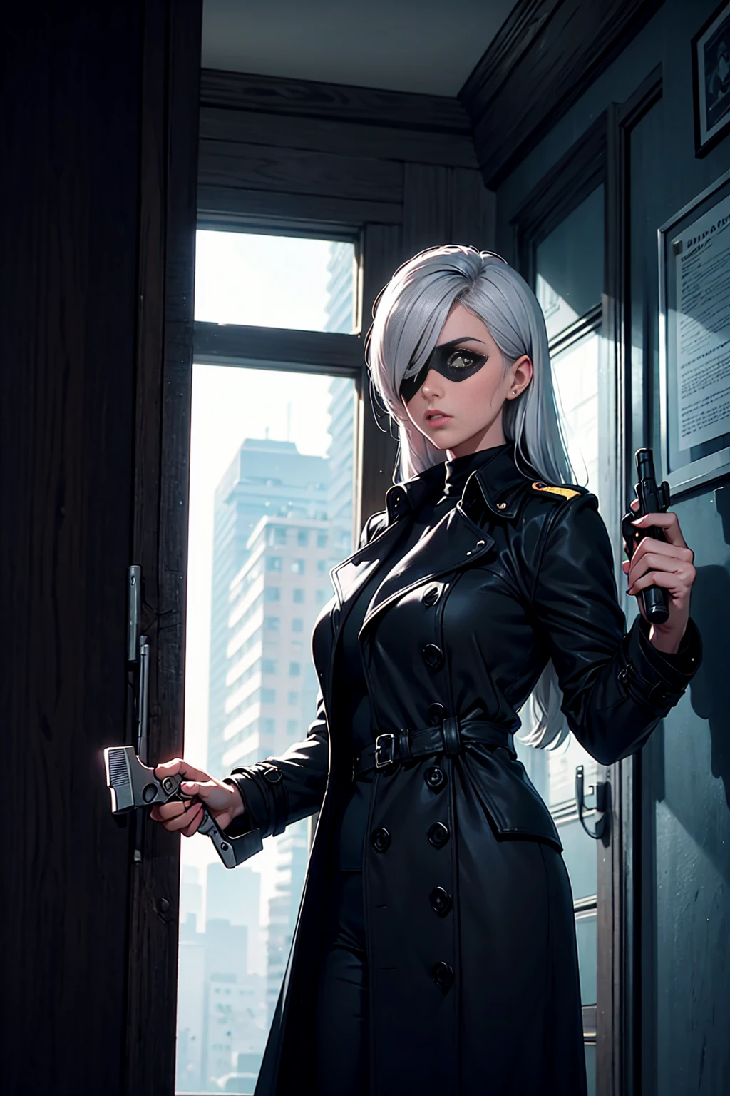 imagined a cartoon sexy milf whit silver hair and a eye patch on the left eye detective woman in a trench coat holding a revolver in 1950 black and white thriller movie, 50's, retro, spy movie, world war 2,