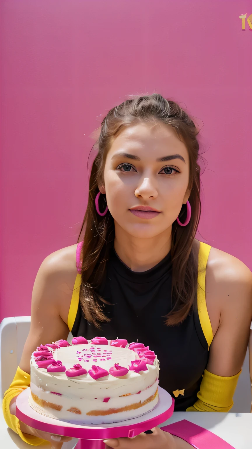 a cake for brand flyer. the brand target is teenagers. color of the brand is fuchsia, yellow and with combine. make it UHD with food photograph concept