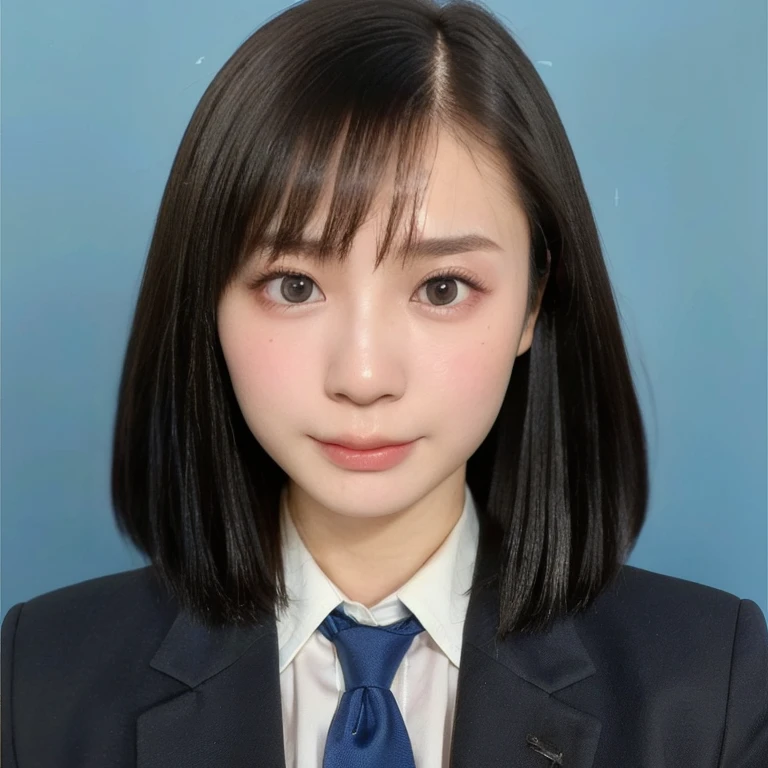 (kawaii 24 year-old Japanese girl, Nogizaka idol, Korean idol), (glossy black hair, short bob, pixie cut, hair length must be even and symmetric:1.3), (pure black eyes, rounded face, single eyelid, no makeup, serious expression:1.2), (wearing suit jacket, collared shirt, necktie:1.3), (extra small breasts:0.9), (looking at viewer:1.2), BREAK, (simple blue background, yearbook background:1.3), (portrait, id photo, bust shot, view from vertically straight forward:1.3), (enough upper margin:1.2), BREAK, (masterpiece, best quality, photo realistic, official art:1.4), (UHD, 8K quality wallpaper, high resolution, raw photo, golden ratio:1.3), (shiny skin), professional lighting, physically based rendering, award winning, (highly detailed skin, extremely detailed face and eyes), Carl Zeiss 85 mm F/1.4, depth of field, 1girl, solo,