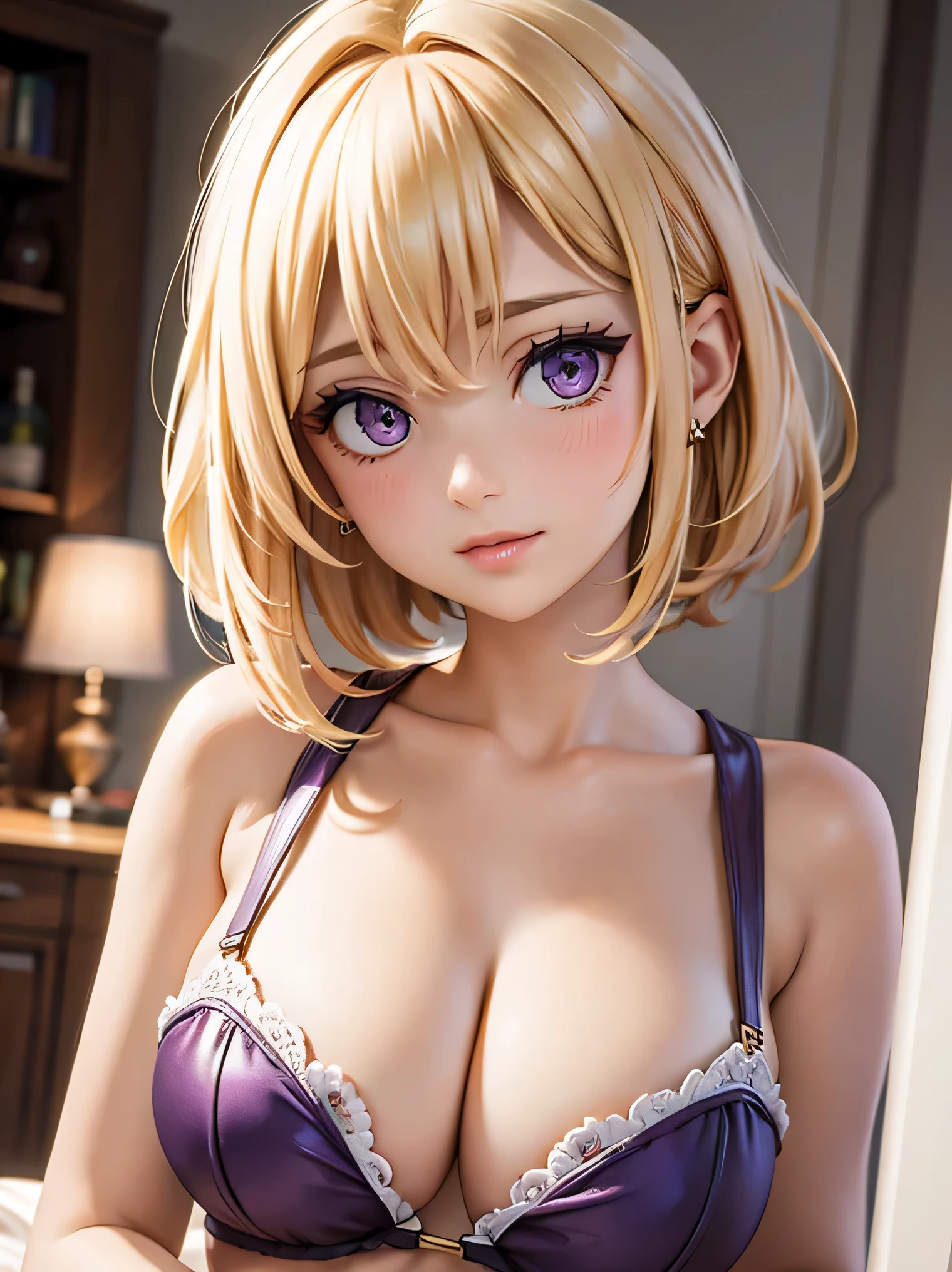 (masterpiece)(high resolution)(face)(elegant)(single 22-year old girl)(short hair)(blonde hair)(messy hair)(purple pupils)(cute)(big smile)(nose ring)(shiny lip gloss)(shiny cheeks)(purple cardigan)(shopping mall)(choker)(lace)(sweet)(love)
