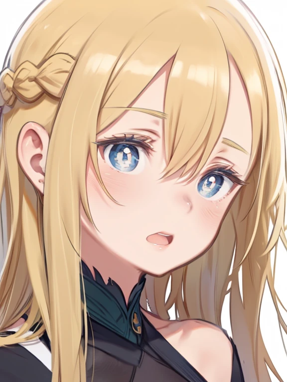 masterpiece、highest quality、High resolution、Very detailed、Close-up of face、Mature Woman、(mint, blue eyes, braid,、Long blonde、Hair between the eyes)、clavicle、Eyes wide open、(((Small pupils)))、Surprised、Open your mouth、