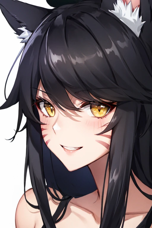 ah1, facial mark, bare shoulders, cleavage, black hair, yellow eyes, fox ears, smile with teeth, red marks on face, close-up
