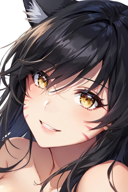 ah1, facial mark, bare shoulders, cleavage, black hair, yellow eyes, fox ears, smile with teeth, red marks on face, close-up
