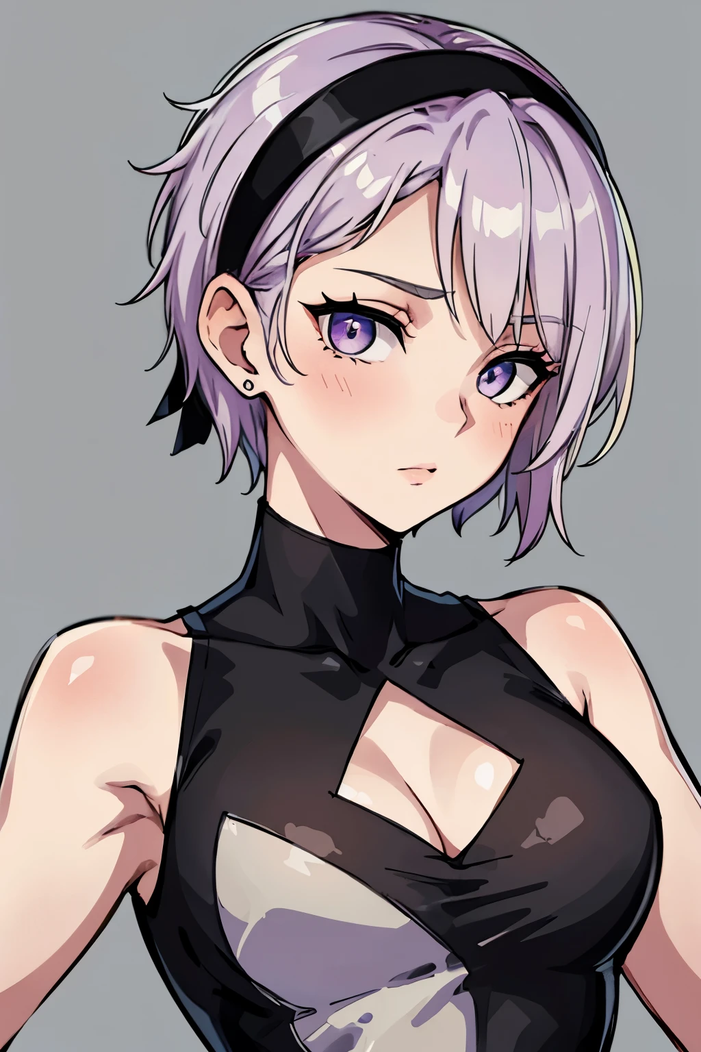 (high-quality, breathtaking),(expressive eyes, perfect face) 1girl, female, solo, young adult age, Vibrant lavender color hair, purple eye color, spiky fluffy hair, short hair length, Symmetrical Eyes, portrait, neutral expression, grey background, headband with ribbons, fantasy clothing, sleeveless black shirt, narrow eyes, feminine face, warrior, Sidecut hairstyle, Shaved hairstyle, Subtle Side Shaved Bob