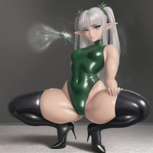 One woman, (masterpiece:1.1), (High resolution), (8k), (Very detailed), (4K), Perfect Face, Beautiful eyes and face, (highest quality), (Very detailed), Detailed face and eyes, (alone), Textured skin,High resolution, Long Hair, Small breasts,　 Emerald Eyes,　Black Latex Leotard,　 bathroom,　Crouching pose,　Open your knees to the left and right,　Vinyl Stockings,　(Back twin tails),　Silver Hair,　Bangs layer、High heels,　Elf,　Gloss,　Front facing,　Gloss、Soaking wet、sleeveless leotard、Shiny、Ear skin color、Royal Shoes、（cold:1.8)、(disease:1.2)、(snot:1.5)