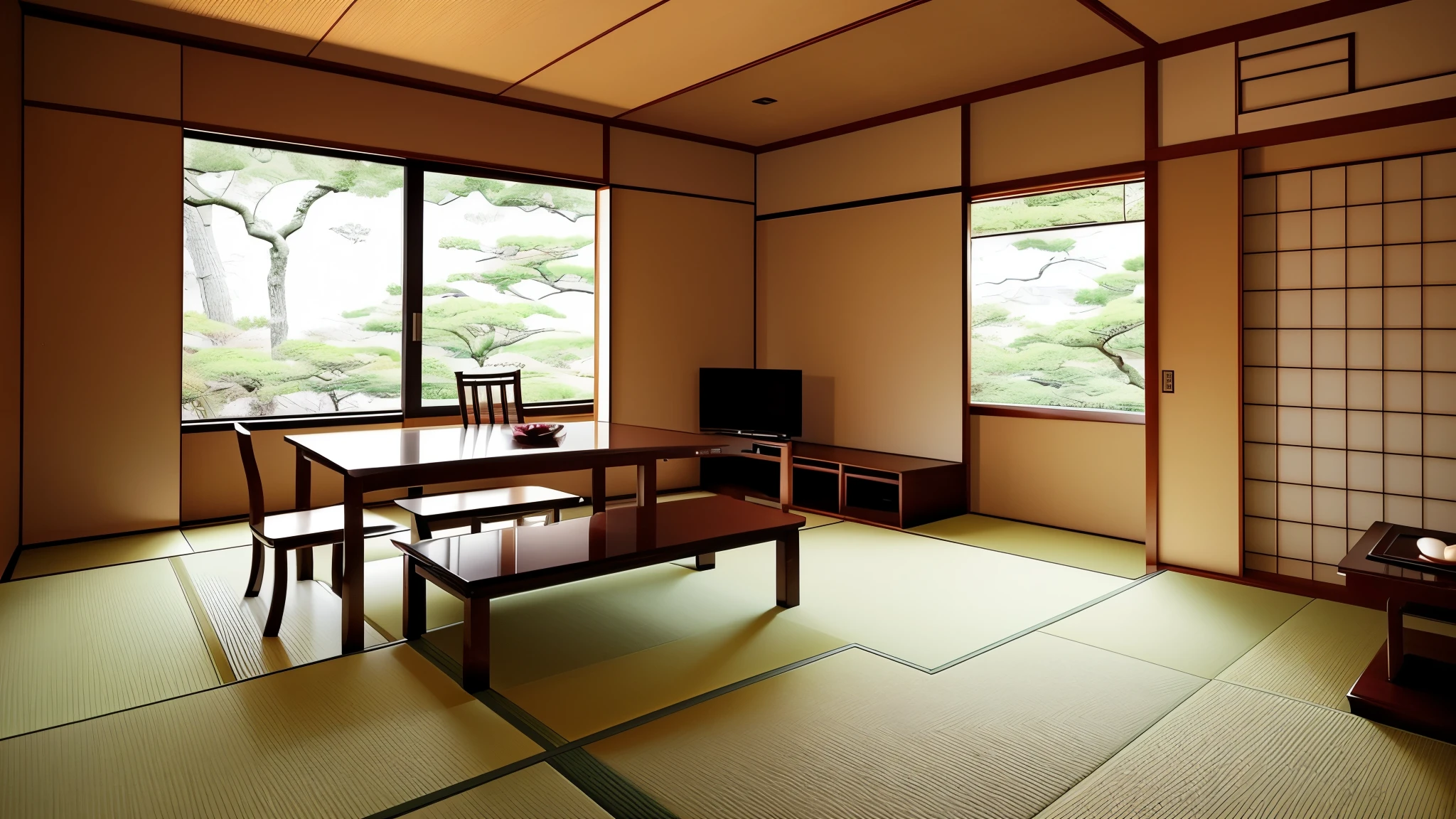 There is a room with a table and a TV, Japanese style, in a Japanese apartment, Tatami Galaxy, modern Japanese living room, Japanese, traditional Japanese, Japanese house, Inspired by Masamitsu Ota, Inspired by Sesshu Toyo, Japanese design,With a view of the garden in front