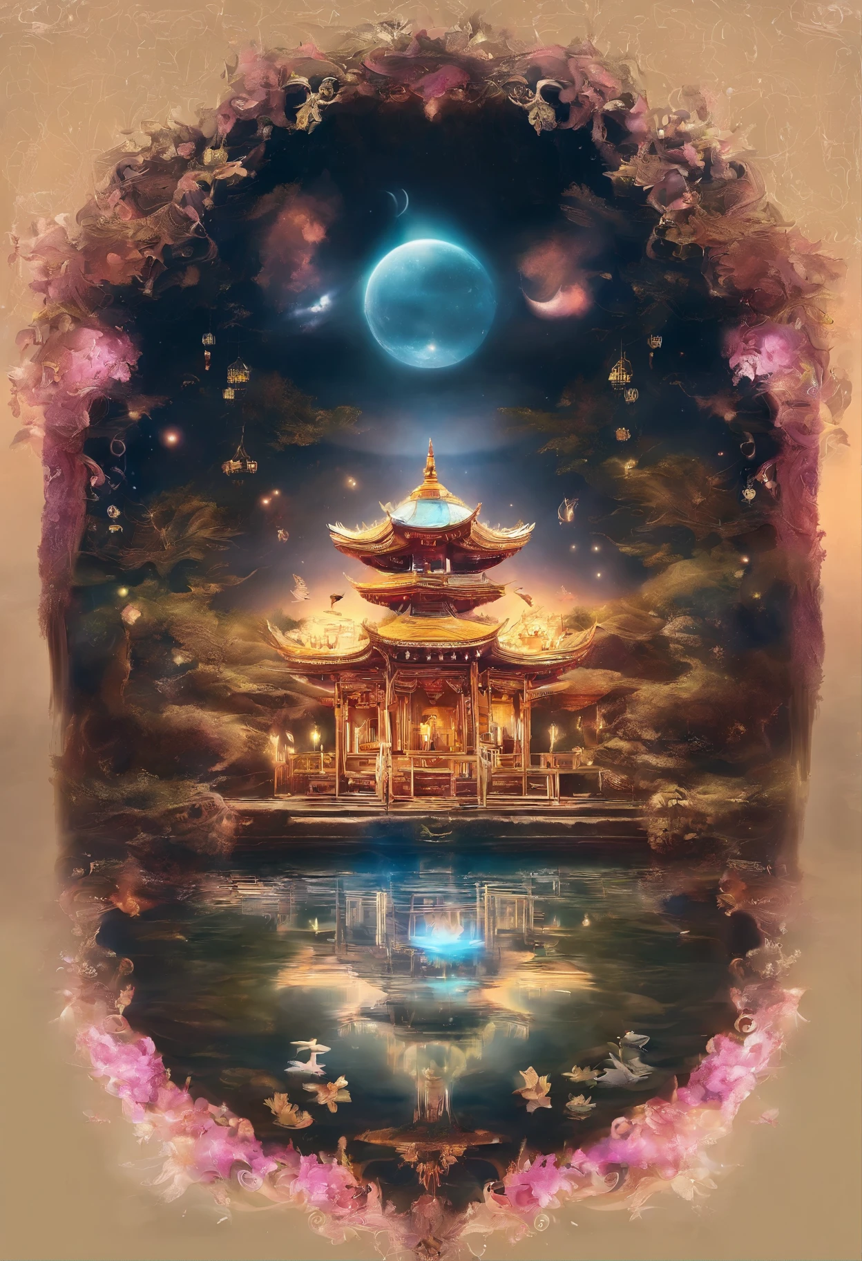 (masterpiece,Real photography,Simple composition:1.5),night,moonlight over lotus pond,Beautiful artistic conception,Realistic style,Magnificent atmosphere,Buddha's light,Current Ions