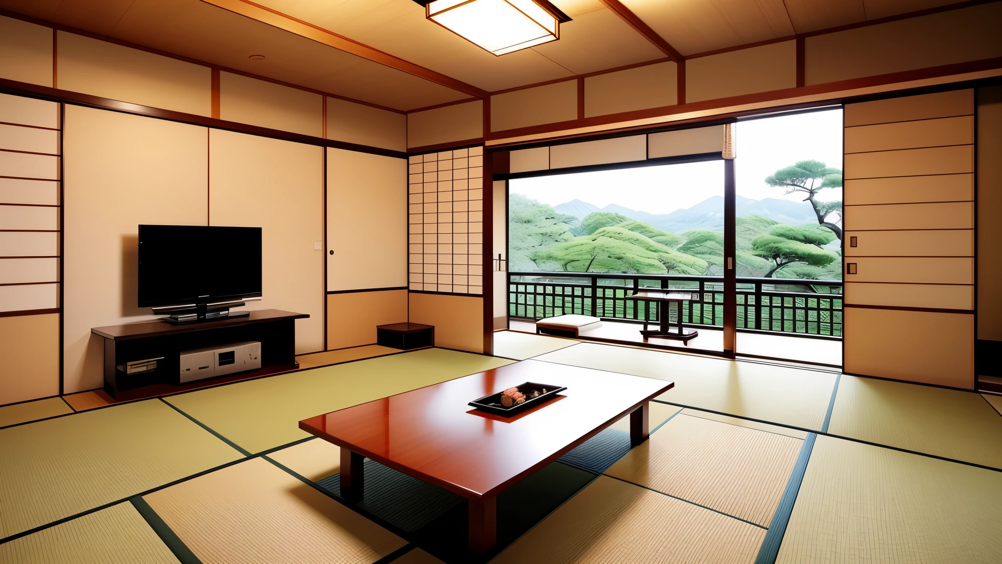 There is a room with a table and a TV, Japanese style, in a Japanese apartment, Tatami Galaxy, modern Japanese living room, Japanese, traditional Japanese, Japanese house, Inspired by Masamitsu Ota, Inspired by Sesshu Toyo, Japanese design,With a view of the garden in front