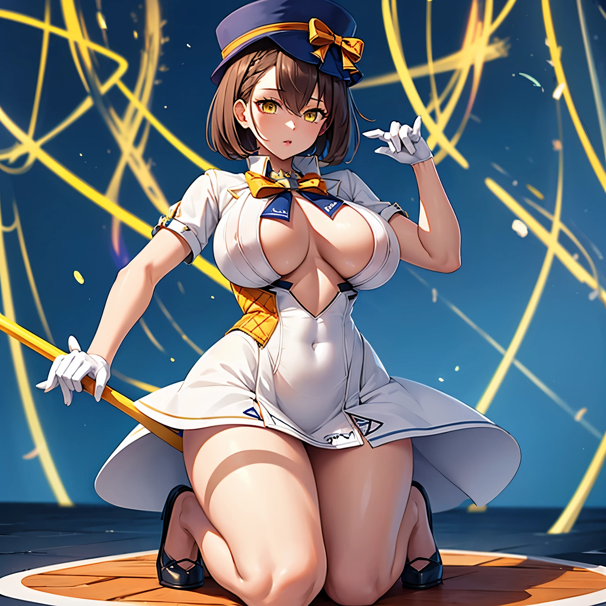 a woman in a white idol dress with orange details, orange bow on the dress, exposed thigh, little hat on her head with an orange bow, yellow eyes, short brown hair, exposed breasts, exposed abdomen, white gloves on an idol stage with lights, shiny floor with hologram,.HDR, ultra resolution, well defined, masterpiece, full body, 8K HD. (woman alone)