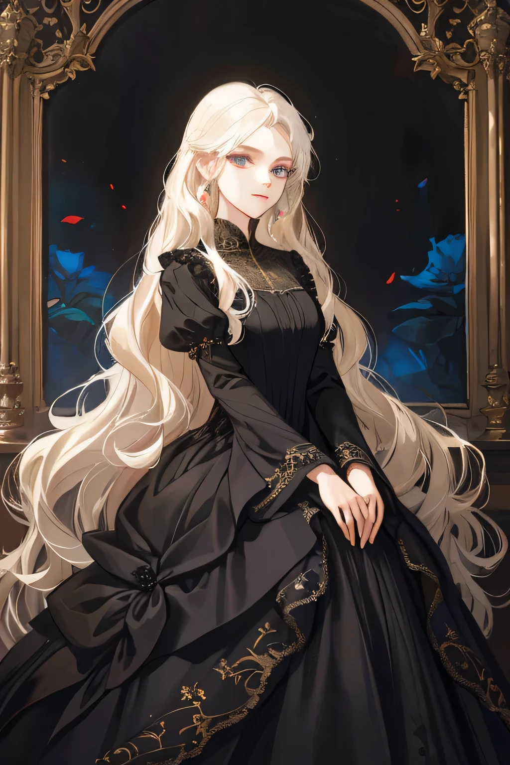 (masterpiece), best quality, yunani dress style painting of beautiful princess, black long dress, lush and haunting background, platinum blonde curl long hair, carolina eyes, closed mouth, look at camera