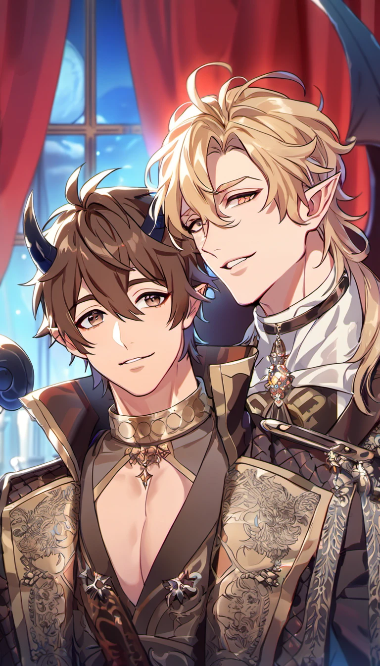 absurdres, highres, ultra detailed, HDR, master piece, best quality, perfect face, beautiful eyes, delicate features, Quincy, blond messy hair, expressive amber eyes, Nu Carnival, Eiden, brown hair, expressive brown eyes, two men together, gay couple, handsome, fantasy demon black leather clothes, patterns, black horns, pointy ears, devil tail, red curtains, luxurious castle room, window, moon, chandelier