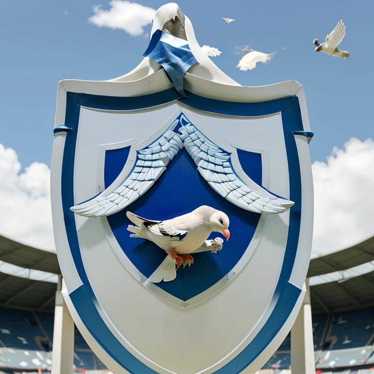 Create a blue and white soccer shield and a dove inside the shield