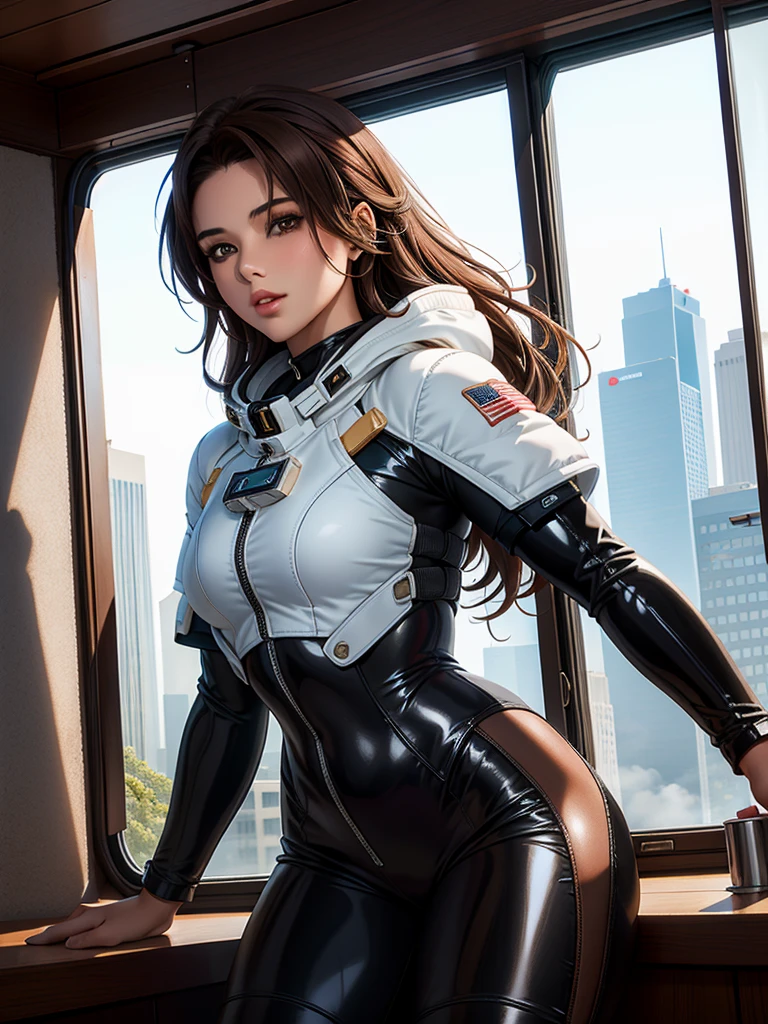 ((highest quality)), (masterpiece)), (detailed: 1.4), 3D, An absurd solution, High resolution, (masterpiece: 1.4), 超detailed, Beautiful girl 1 person, future的な女性のイメージ, Shiny brown hair, Beautiful brown eyes, Beautiful Face, 20-year-old, Spaceship, floating, small, Spacesuit, Spaceship, window, future, Dynamic pose, Change of clothes