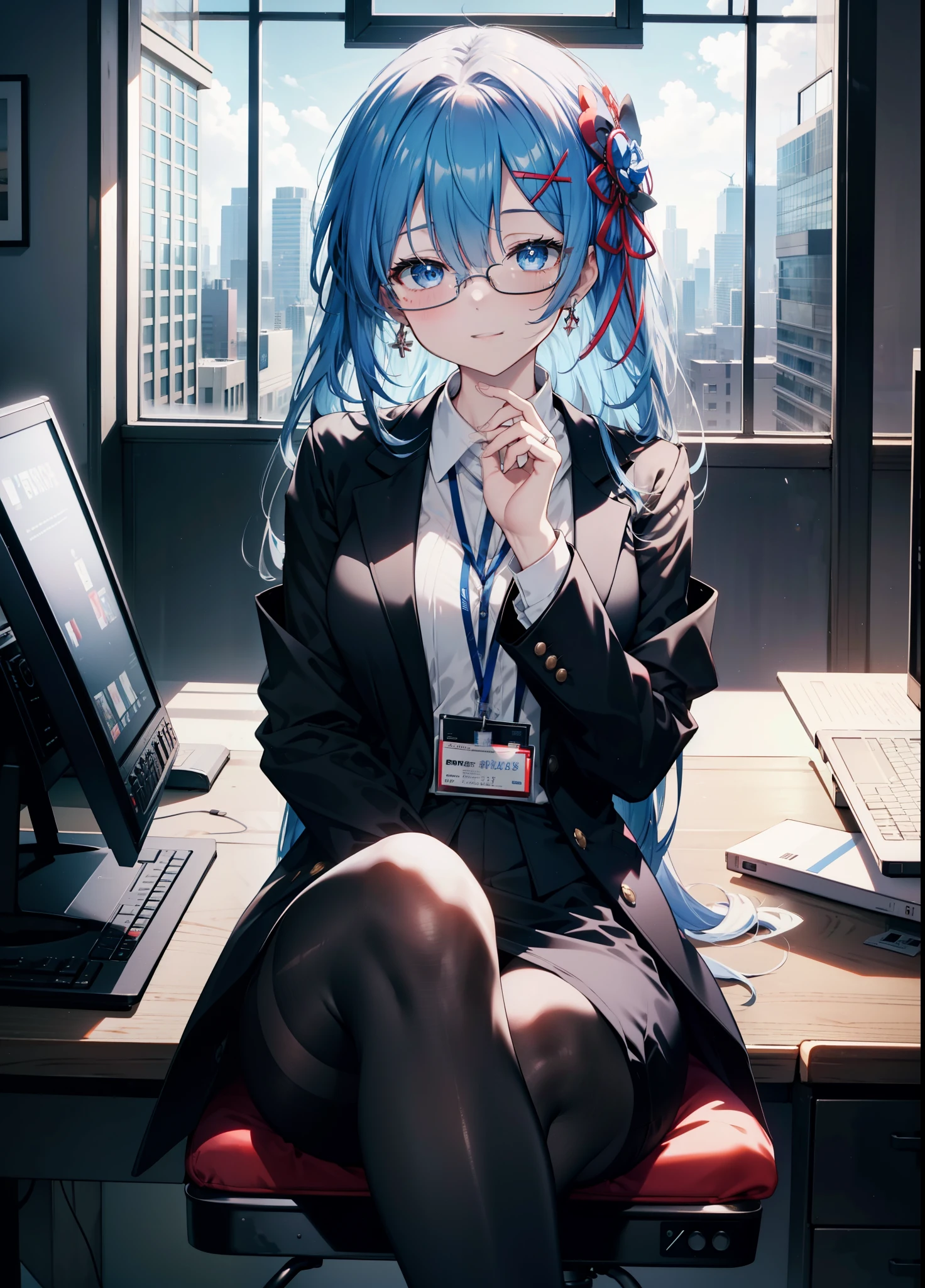 rezeroRem, Rem, blue eyes, Blue Hair, hair ornaments, Hair on one eye, hair ribbon, long hair, x hair ornaments,happy smile, smile, Open your mouth,OL, Akagi glasses,black suit jacket, Collared jacket, White dress shirt, Collared shirt, Neckline, button, strap, ID card on neck, Black pencil skirt, Black Pantyhose, OL, Red glasses, end, black suit jacket, Collared jacket, White dress shirt, Collared shirt, Neckline, button, strap, ID card on neck, Black pencil skirt, Black Pantyhose, Stiletto heels,sitting cross-legged on a chair,There is a computer on the table,Daytime,Clear skies,
break indoors, office,
break looking at viewer, 
break (masterpiece:1.2), highest quality, High resolution, unity 8k wallpaper, (figure:0.8), (Beautiful fine details:1.6), extRemely detailed face, Perfect lighting, extRemely detailed CG, (Perfect hands, Perfect Anatomy),