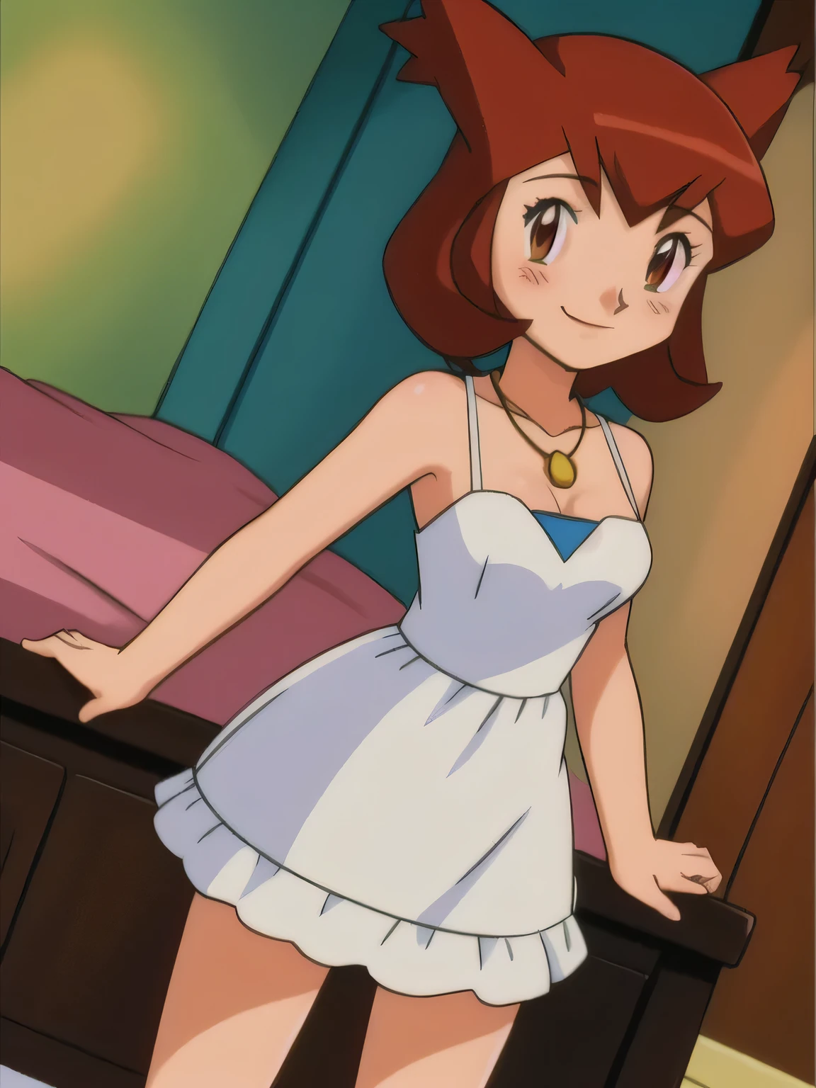 Pokemon Heroes (Bianca), Brown Hair, brown eyes, sleeveless, collarbone, a black diamond heart necklace, smile, Fancy white dress, standing, bedroom, hd, soft focus, 1girl, solo, vibrant, cowboy shot, masterpiece