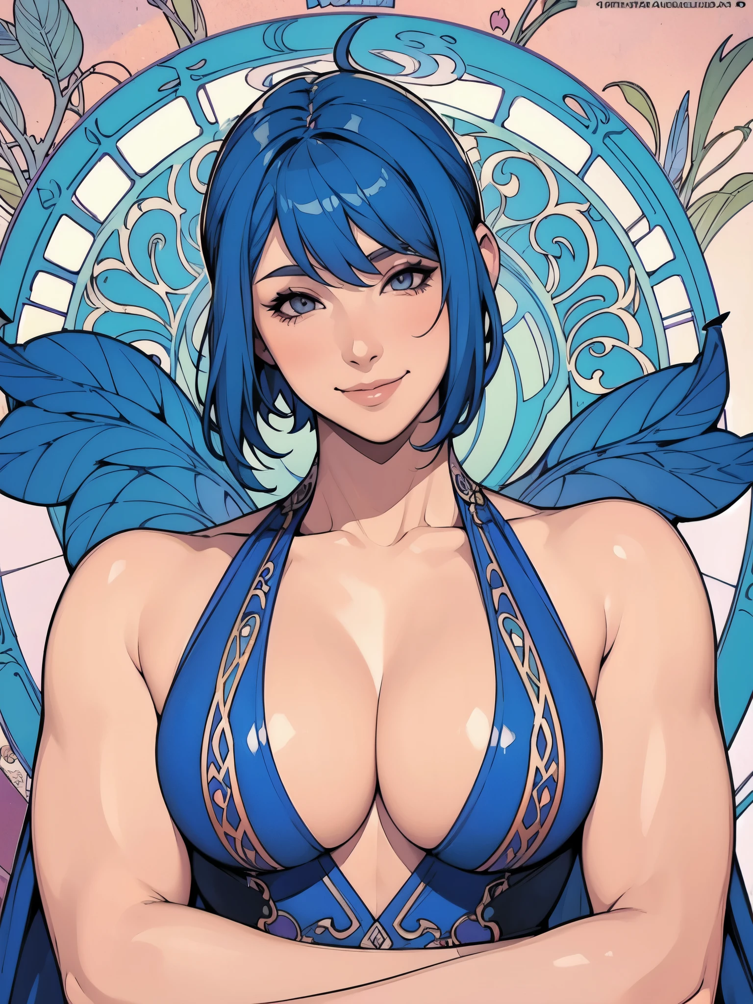 ((Mucha's style)),(vulgar),Big-breasted Woman Warrior,head shot,vulgar smile,blue haired,muscular woman,Mercenary haircut,Sexual nipple covers