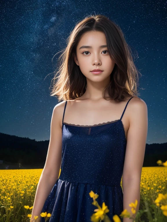 8k、Beautiful girl at , Hair length, Starry sky background、Beautiful face in every detail、See-through Camisole Dresses, Flower Field、night、Very strong winds