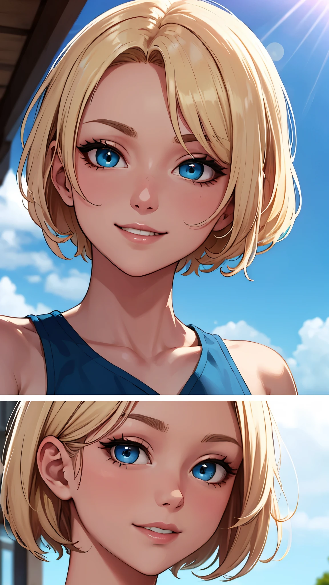 Best image quality, 4K, masterpiece, 10th Generation、White and soft skin, Blond droopy short hair, blue eyes, Green and slightly mature, Cute and soft, young, Sacred Eye, Beautiful Hair, View Lens, Face Focus, smile, Delicate facial features, Front lighting, Front light source, Portraiture, Face enlargement, Face close-up, Above the shoulders, Cute feeling, Excellent posture for capturing the scenery, Portraiture effect, Blue sky and white clouds, rose