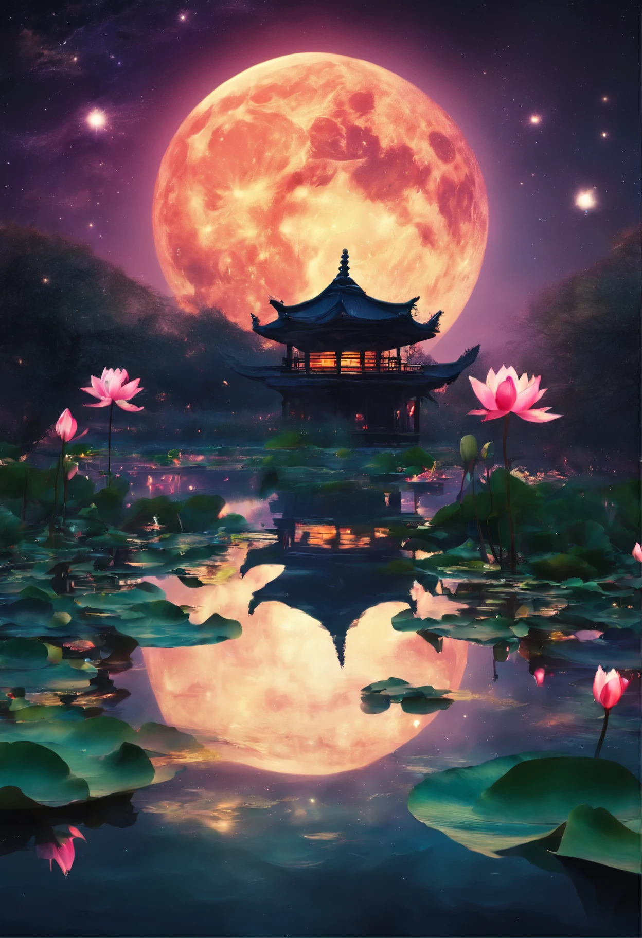 (masterpiece,Real photography,Simple composition:1.5),night,moonlight over lotus pond,Beautiful artistic conception,Realistic style,Magnificent atmosphere