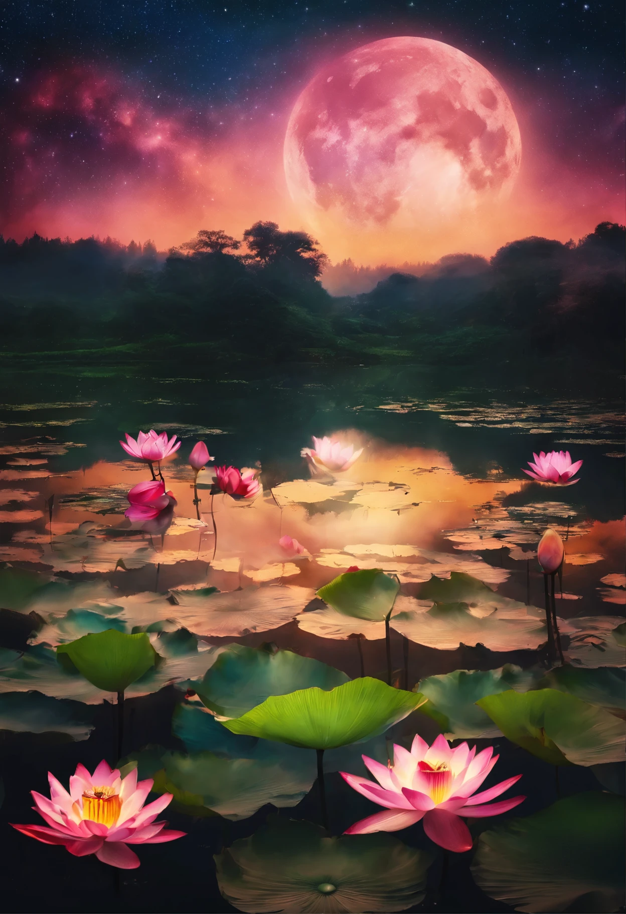 (masterpiece，Real photography，Simple composition：1.5），night，moonlight over lotus pond，Beautiful artistic conception，Realistic style，Magnificent atmosphere