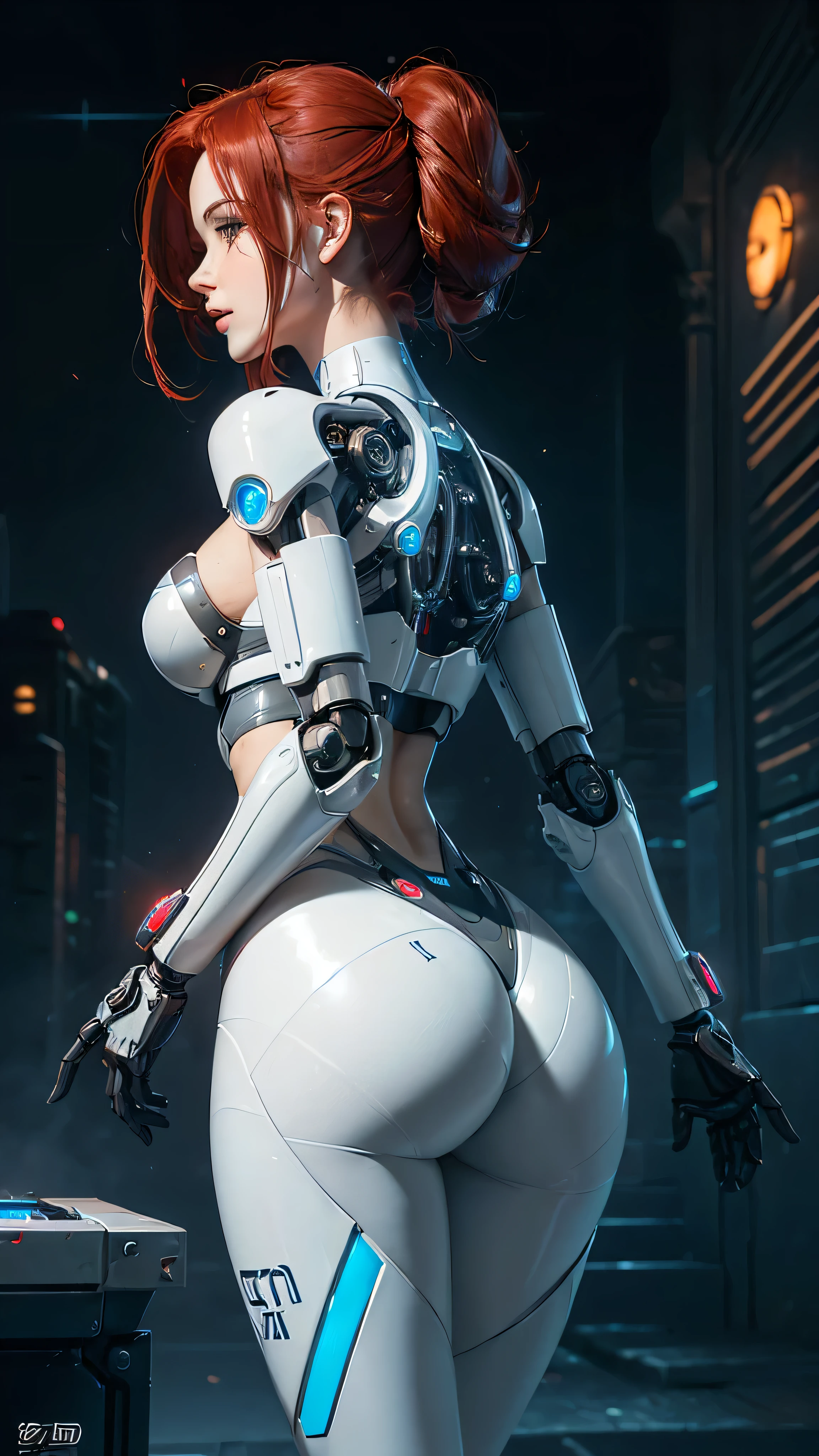 Dystopian, [sci-fi], High Detail RAW color Photo, Full Shot, rear angle, of (cute female arterial intelligence, wearing see-through white chemise), outdoors, standing, on overlook, looking out at sprawling cyberpunk city skyline), toned physique, large ass, (pale skin), perfect face, seductive look, (cybernetic implants:1.2), (augmentations), (cyborg:1.1), (detailed skin, diffused skin pores), silicone, metal, (highly detailed, fine details, intricate), (lens flare:0.5), (bloom:0.5), smog, dust, (badlands:0.8), (observitory:0.7), raytracing, specular lighting, shallow depth of field, photographed on a Sony Alpha 1, EF 85mm lens, f/2.8, hard focus, smooth, cinematic film still, [Cyberpunk:Orwelian:12]