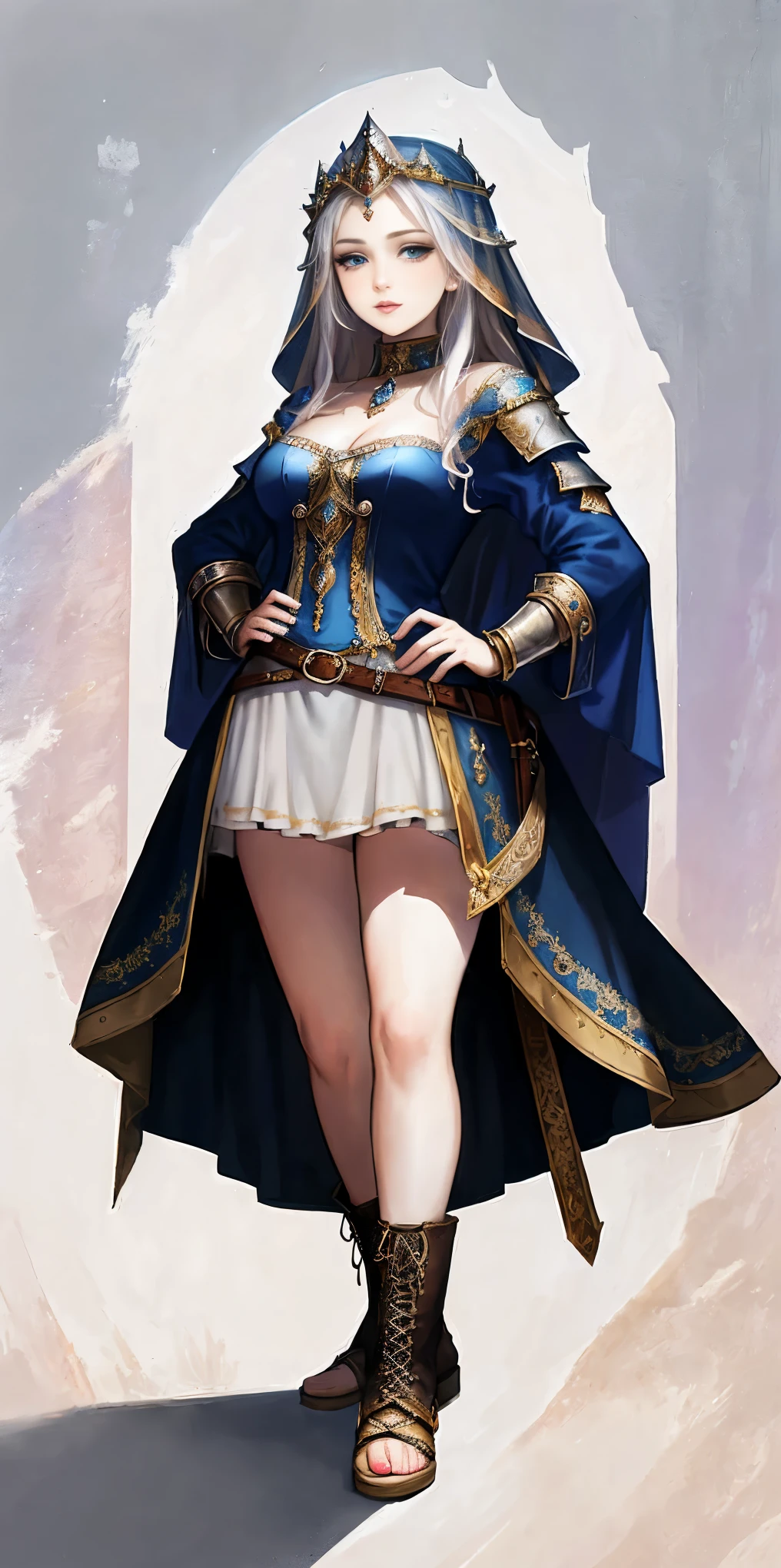 full body of a woman in a dress with a veil, feet together, standing feet together, military boots, beautiful fantasy maiden slave warrior, beautiful fantasy art portrait, fantasy Victorian art, medieval fantasy art, beautiful and elegant queen Roxxane, portrait of queen of light, fantasy portrait art, gothic fantasy art, a beautiful fantasy empress, ((white background)) hands on hips
